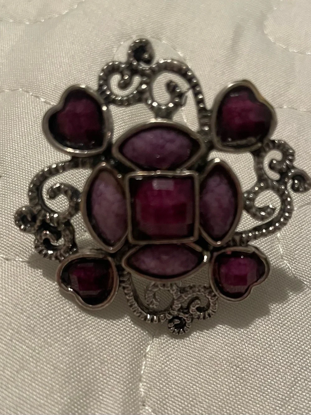 Silver-Tone Ring with Deep Purple Gem Accents